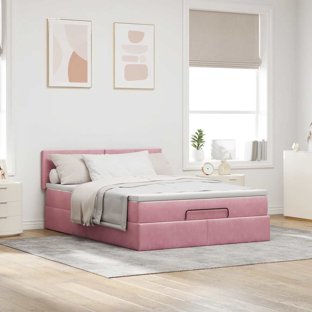Struttura Letto Pouf con Materasso Rosa 140x200 cm in Velluto - homemem39