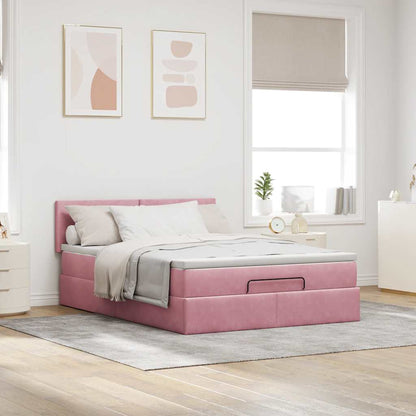 Struttura Letto Pouf con Materasso Rosa 140x200 cm in Velluto - homemem39
