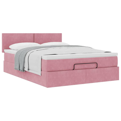 Struttura Letto Pouf con Materasso Rosa 140x200 cm in Velluto - homemem39