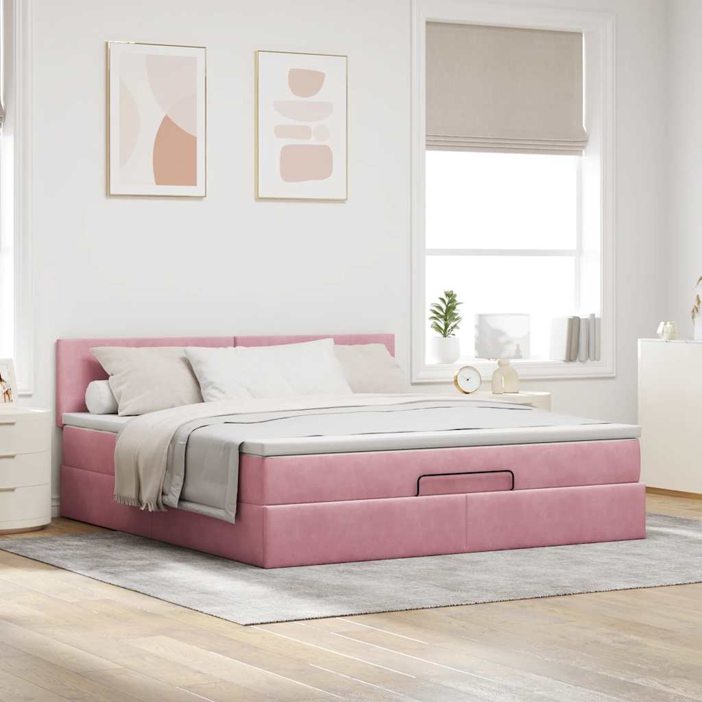 Struttura Letto Pouf con Materasso Rosa 160x200 cm in Velluto | homemem39
