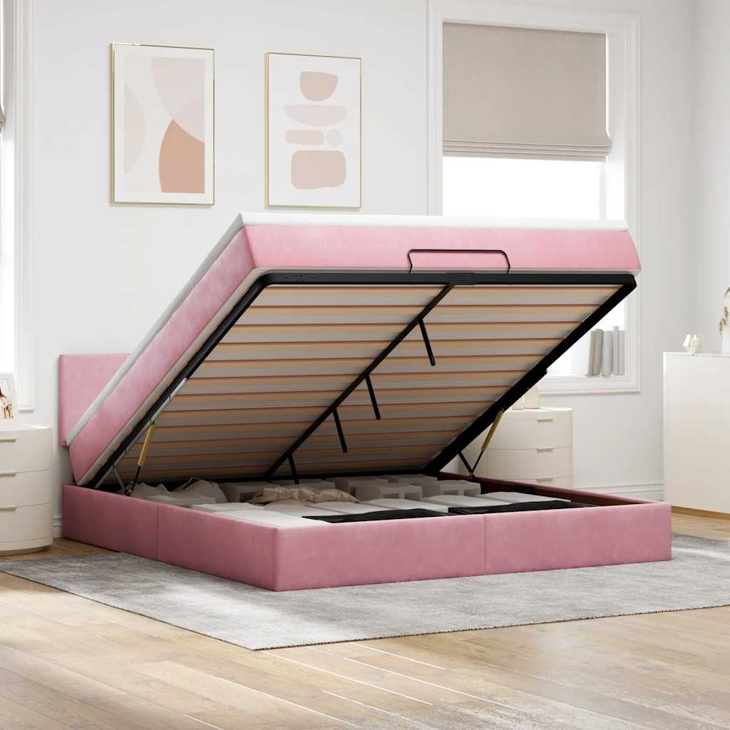 Struttura Letto Pouf con Materasso Rosa 160x200 cm in Velluto | homemem39