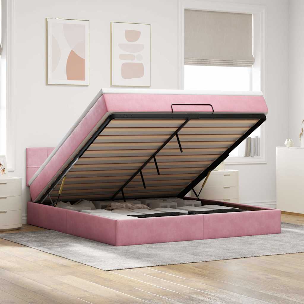Struttura Letto Pouf con Materasso Rosa 180x200 cm in Velluto | homemem39