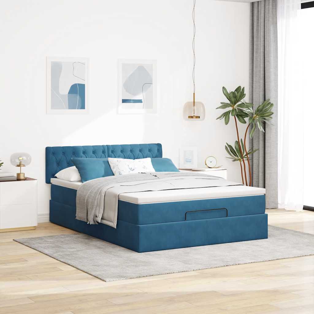 Struttura Letto Pouf con Materasso Blu 140x200cm in Velluto - homemem39