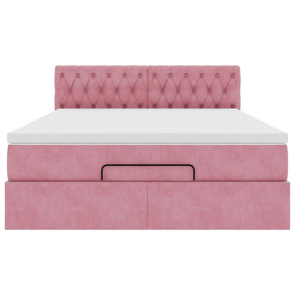 Struttura Letto Pouf con Materasso Rosa 140x200 cm in Velluto