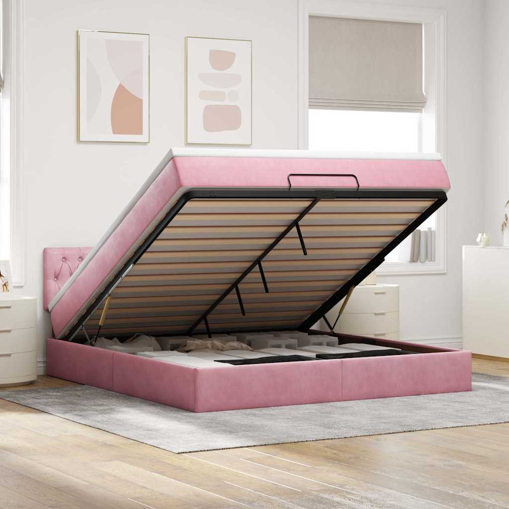 Struttura Letto Pouf con Materasso Rosa 160x200 cm in Velluto | homemem39