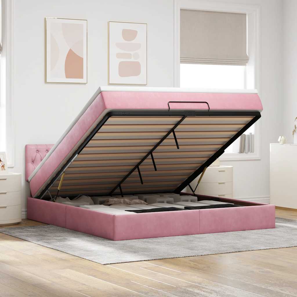 Struttura Letto Pouf con Materasso Rosa 180x200 cm in Velluto | homemem39
