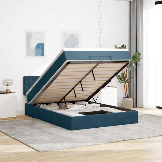 Struttura Letto Pouf con Materasso Blu 140x200cm in Velluto