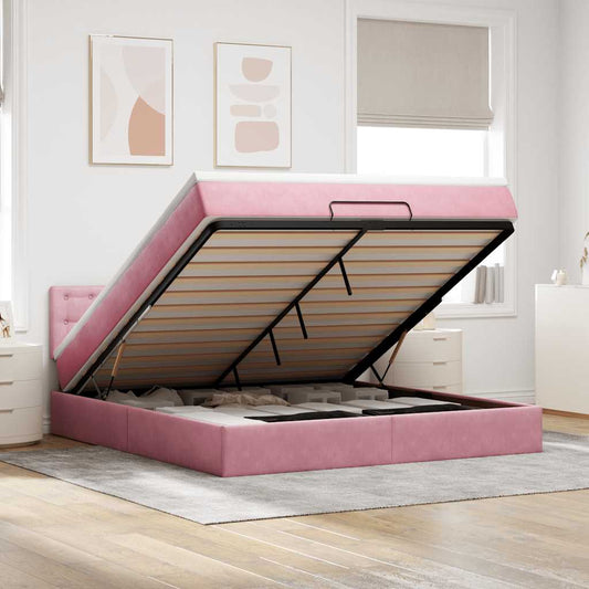 Struttura Letto Pouf con Materasso Rosa 160x200 cm in Velluto