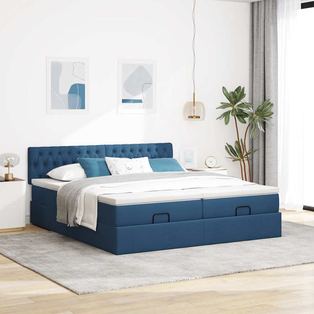 Struttura Letto Pouf con Materassi Blu 160x200 cm in Tessuto