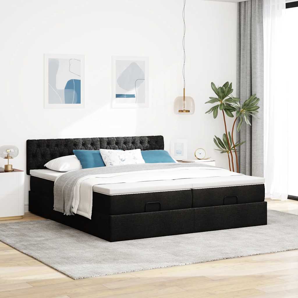 Struttura Letto Pouf con Materassi Nero 180x200 cm in Tessuto