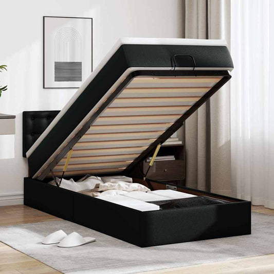 Struttura Letto Pouf con Materasso Nero 90x200 cm Similpelle