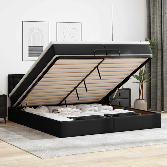 Struttura Letto Pouf con Materasso Nero 200x200 cm Similpelle