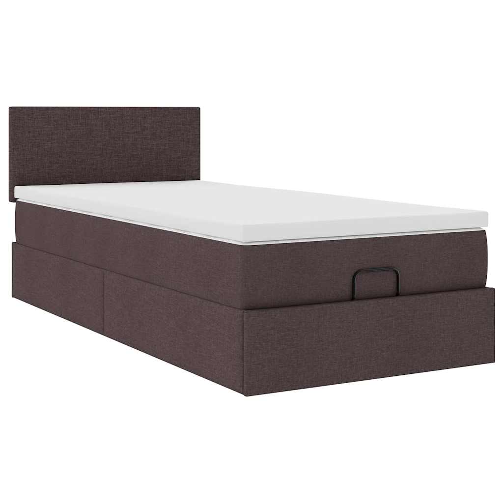 Pouf Letto con Materasso e LED Marrone Scuro 90x200 cm Tessuto