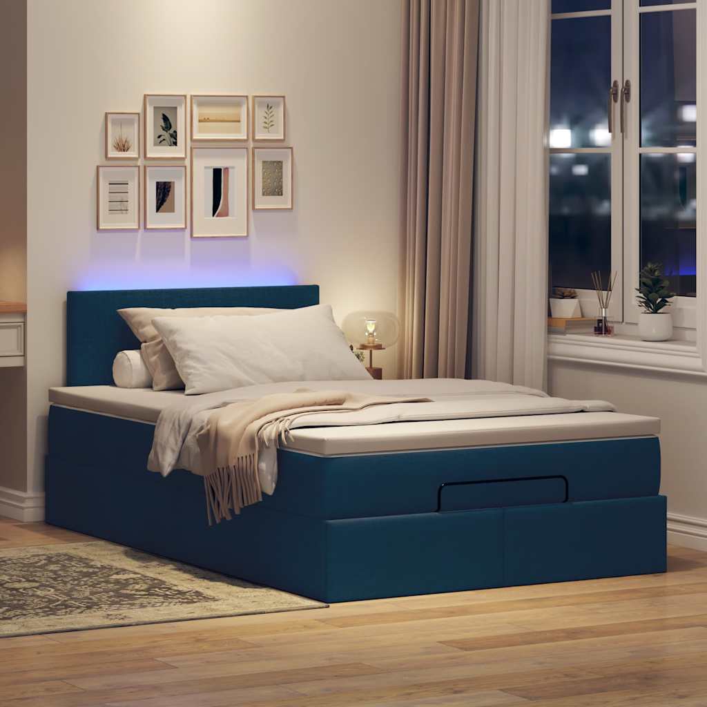Pouf Letto con Materasso e LED Blu 120x190cm in Tessuto