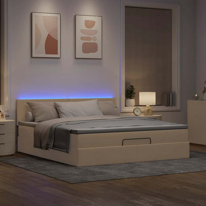 Pouf Letto con Materasso e LED Crema 180x200cm in Tessuto