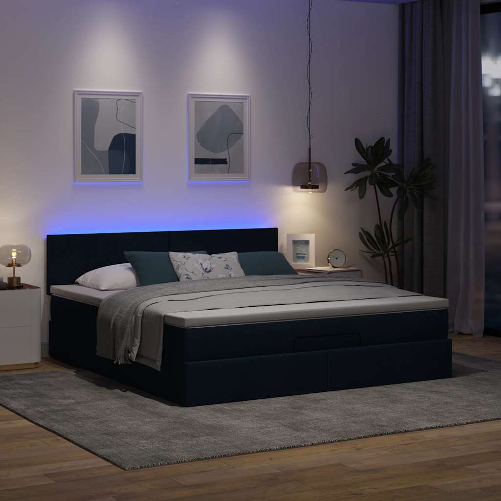 Pouf Letto con Materasso e LED Blu 180x200cm in Tessuto