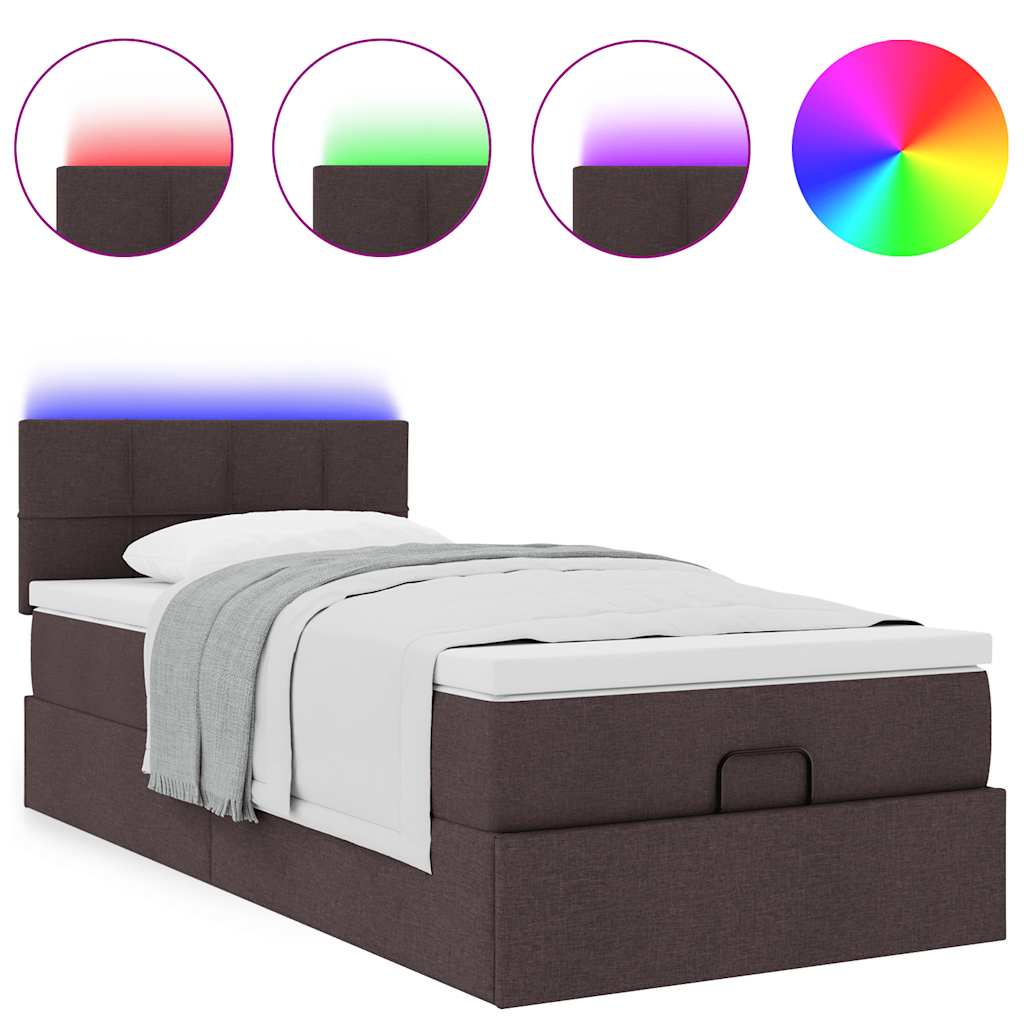 Pouf Letto con Materasso e LED Marrone Scuro 90x200 cm Tessuto