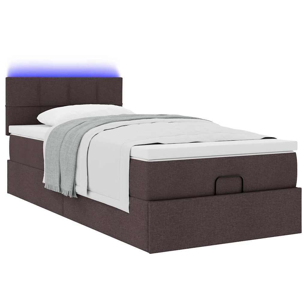 Pouf Letto con Materasso e LED Marrone Scuro 90x200 cm Tessuto