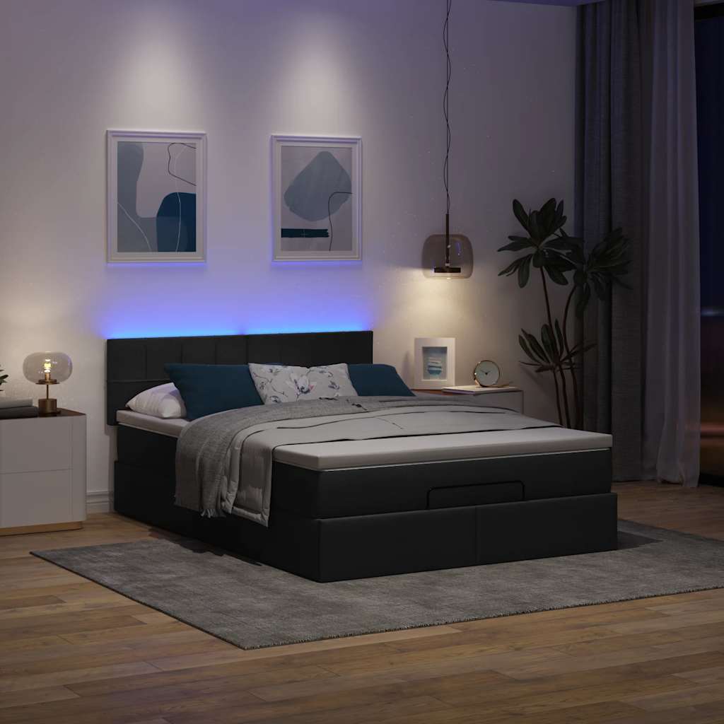 Pouf Letto con Materasso e LED Nero 140x200 cm in Tessuto | homemem39
