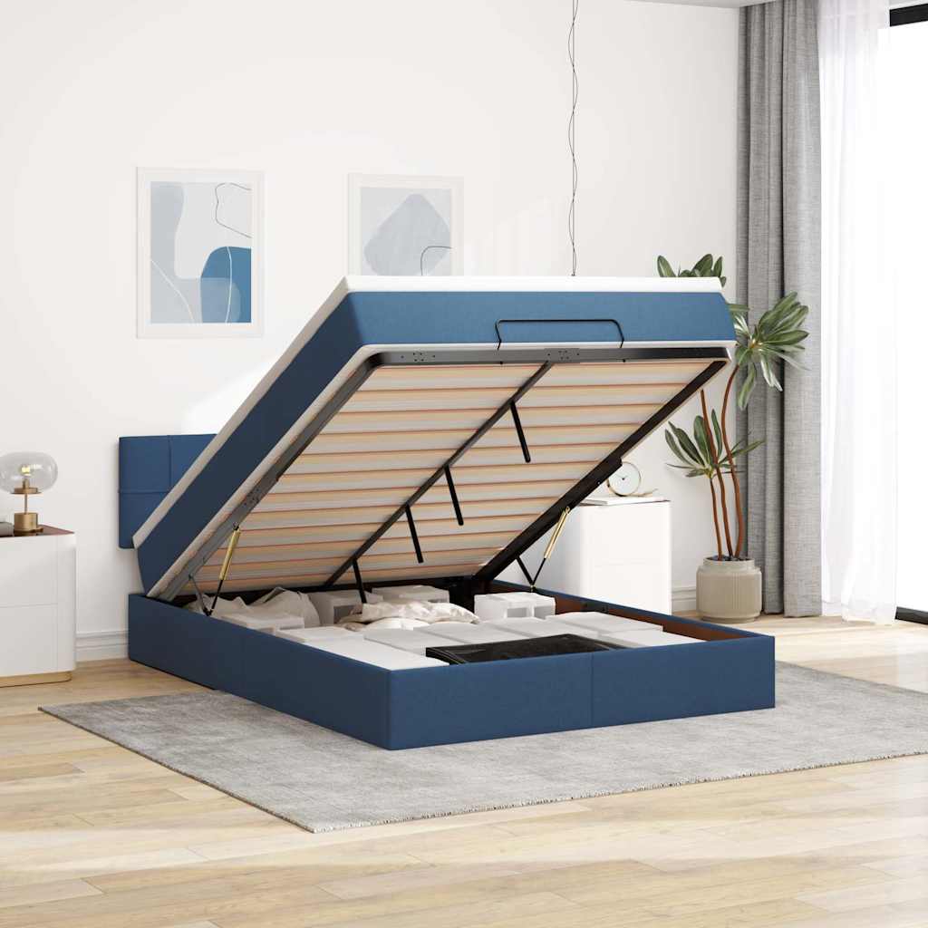Struttura Letto Pouf con Materasso Blu 140x200cm in Tessuto
