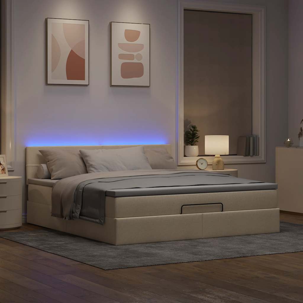 Pouf Letto con Materasso e LED Crema 180x200cm in Tessuto