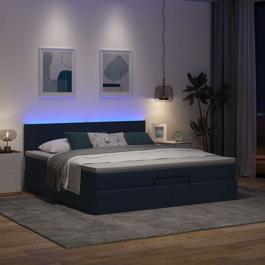 Pouf Letto con Materasso e LED Blu 180x200cm in Tessuto