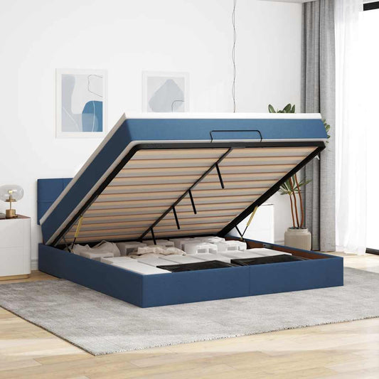 Pouf Letto con Materasso e LED Blu 180x200cm in Tessuto