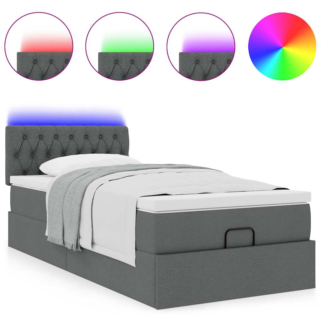 Pouf Letto con Materasso e LED Grigio Scuro 80x200cm in Tessuto