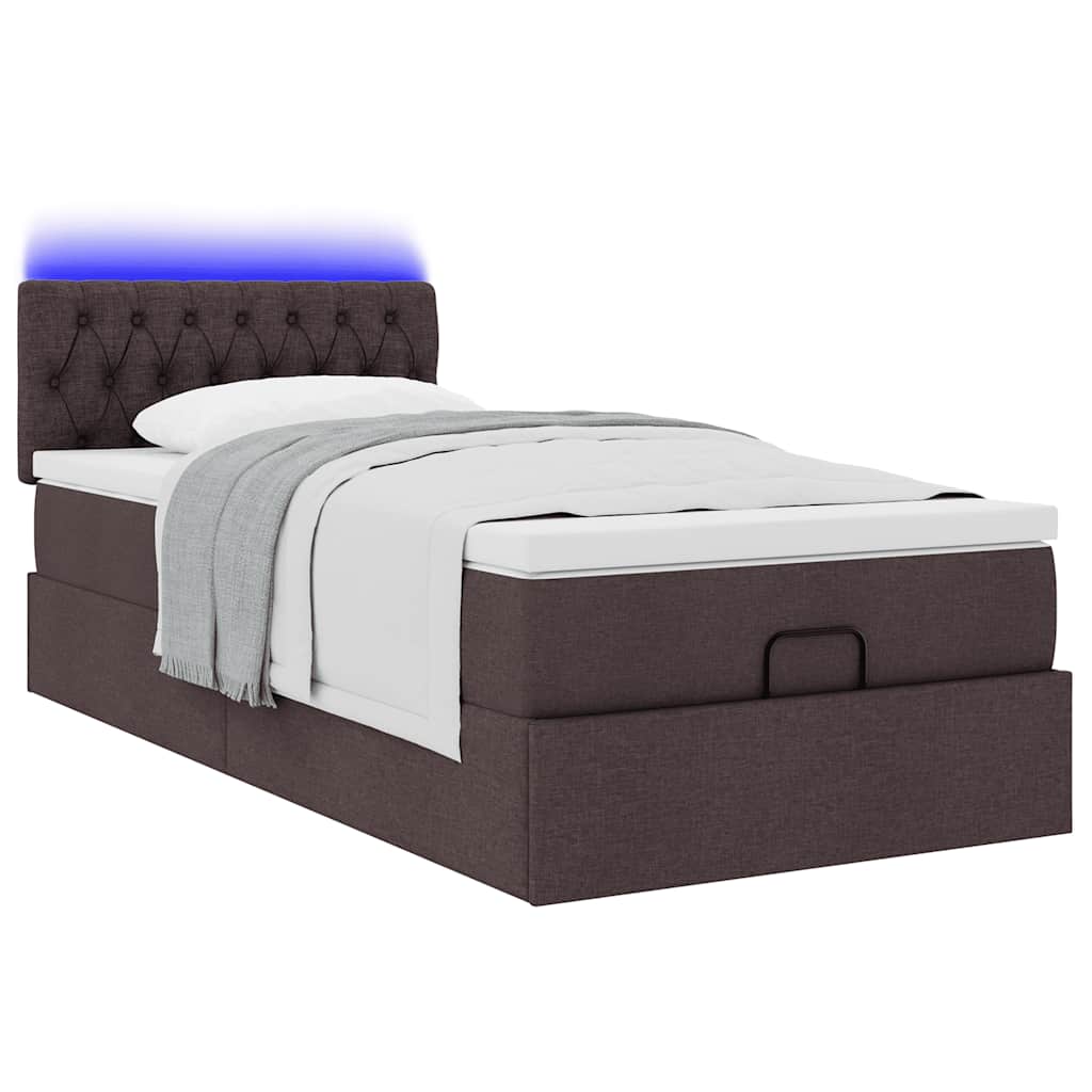 Pouf Letto con Materasso e LED Marrone Scuro 90x200 cm Tessuto