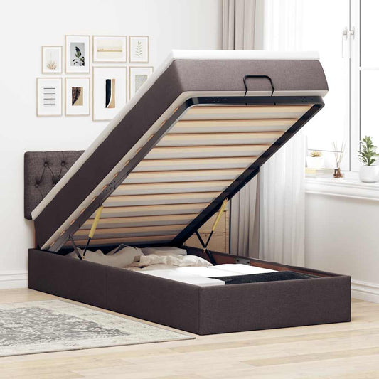 Pouf Letto con Materasso e LED Marrone Scuro 90x200 cm Tessuto