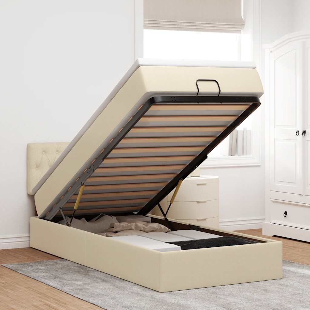 Pouf Letto con Materasso e LED Crema 90x200 cm in Tessuto