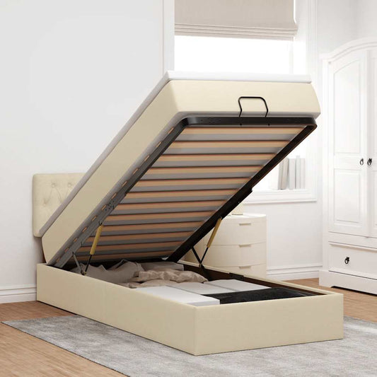 Pouf Letto con Materasso e LED Crema 90x200 cm in Tessuto