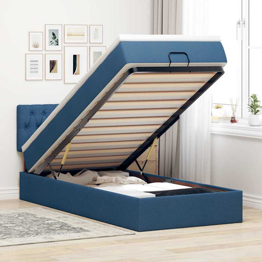 Pouf Letto con Materasso e LED Blu 100x200 cm in Tessuto
