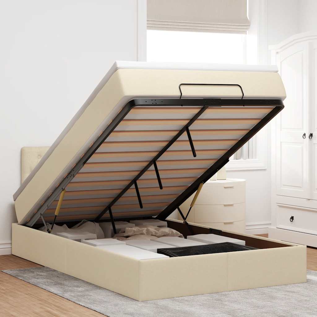 Struttura Letto Pouf con Materasso Crema 120x200 cm in Tessuto