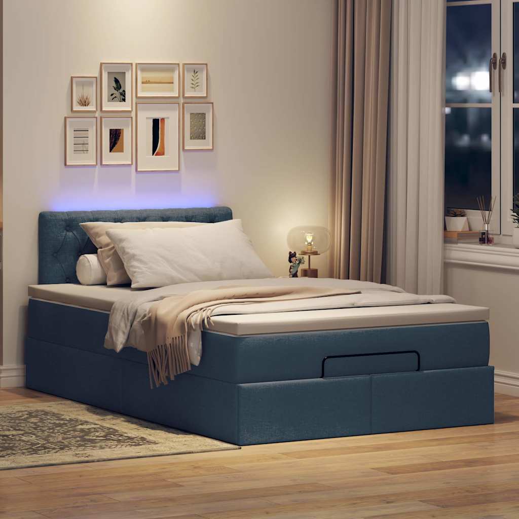 Pouf Letto con Materasso e LED Blu 120x200 cm in Tessuto