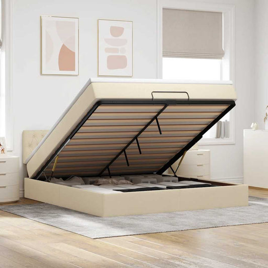 Struttura Letto Pouf con Materasso Crema 160x200 cm in Tessuto | homemem39