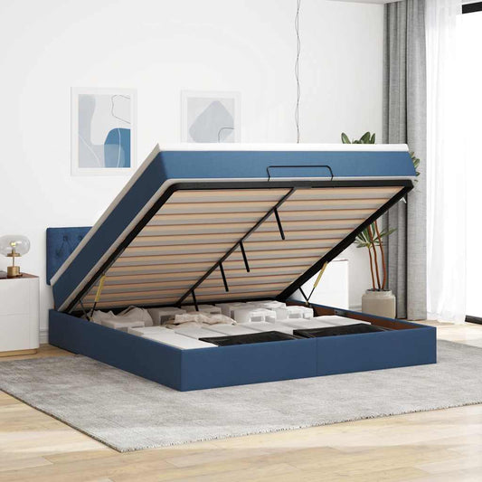 Struttura Letto Pouf con Materasso Blu 160x200 cm in Tessuto | homemem39