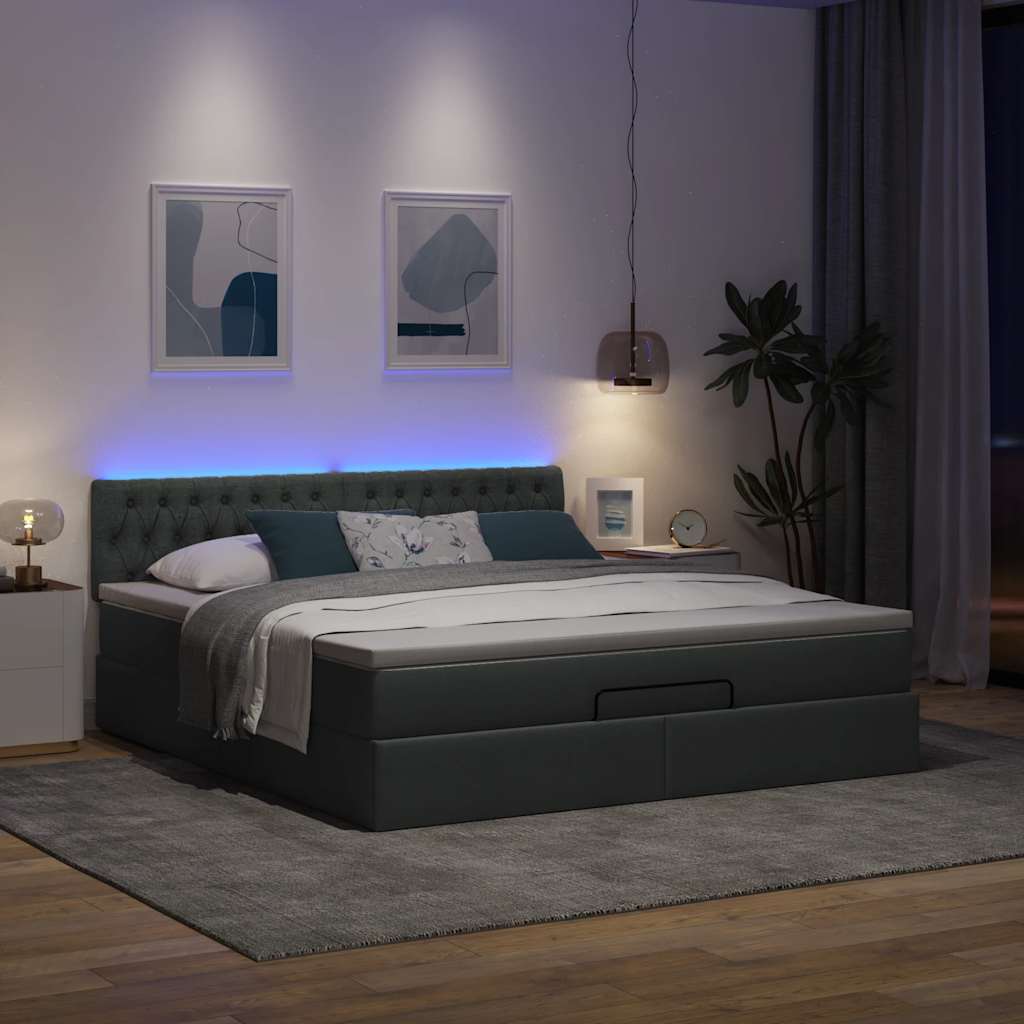 Pouf Letto con Materasso e LED Grigio Scuro 180x200cm Tessuto