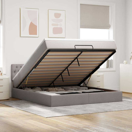 Pouf Letto con Materasso e LED Tortora 180x200cm in Tessuto