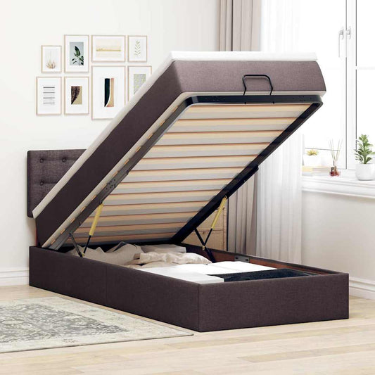 Pouf Letto con Materasso e LED Marrone Scuro 90x200 cm Tessuto