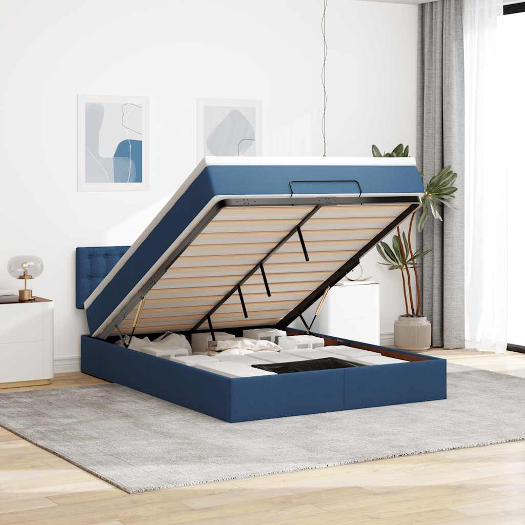 Struttura Letto Pouf con Materasso Blu 140x200cm in Tessuto | homemem39