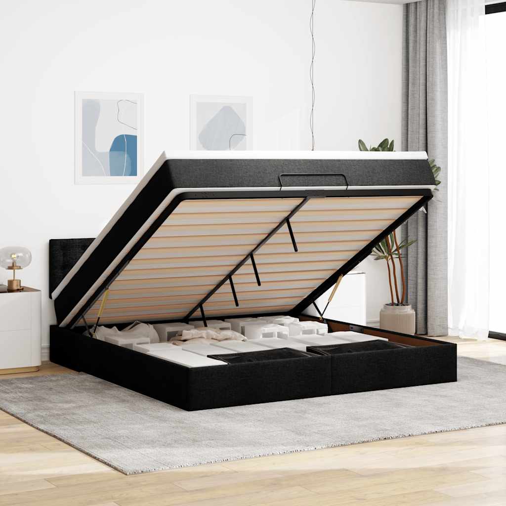 Struttura Letto Pouf con Materasso Nero 160x200 cm in Tessuto | homemem39