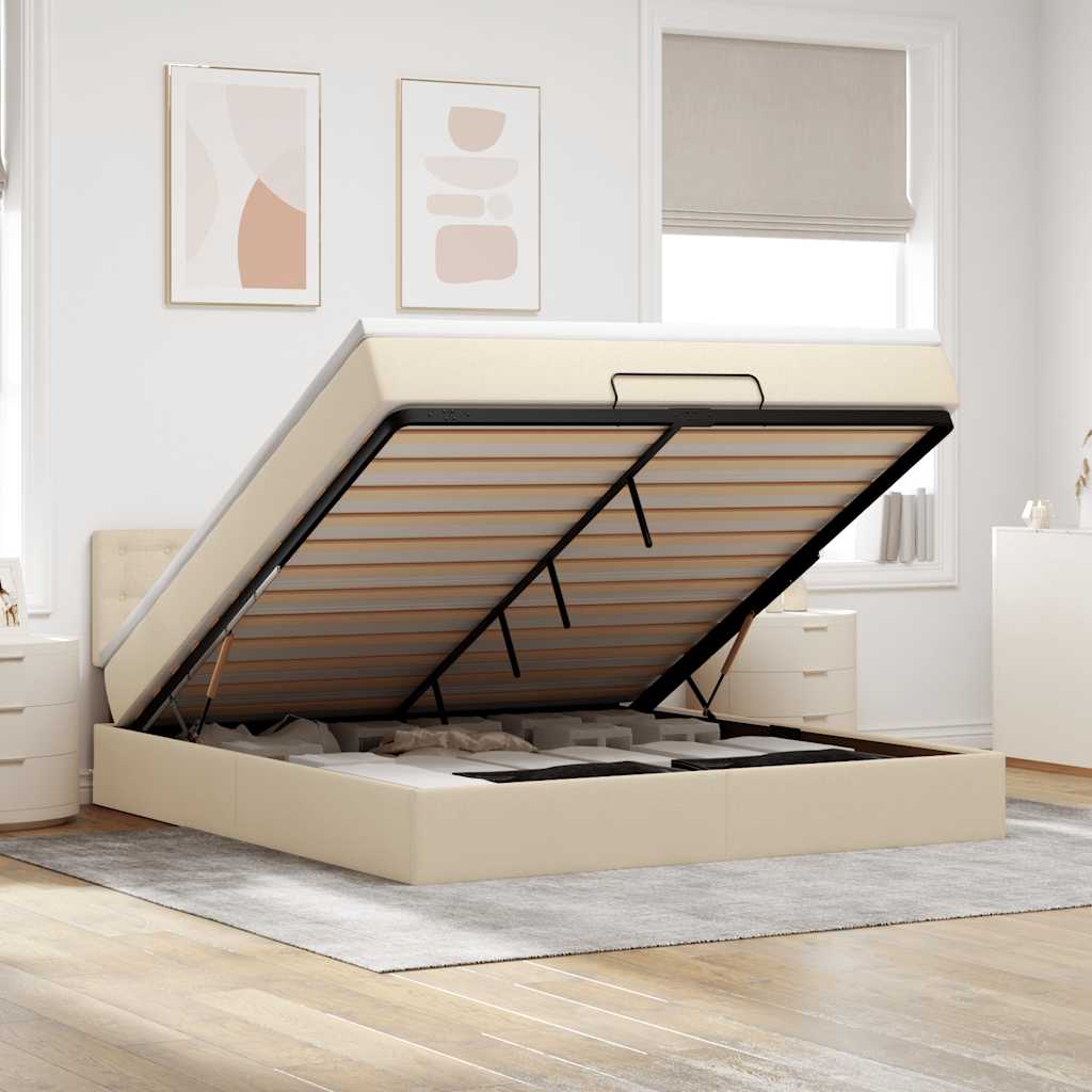 Struttura Letto Pouf con Materasso Crema 160x200 cm in Tessuto | homemem39