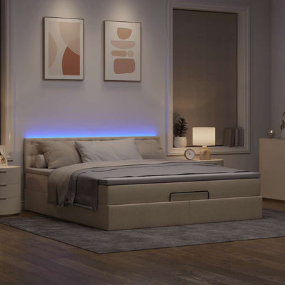 Pouf Letto con Materasso e LED Crema 180x200cm in Tessuto