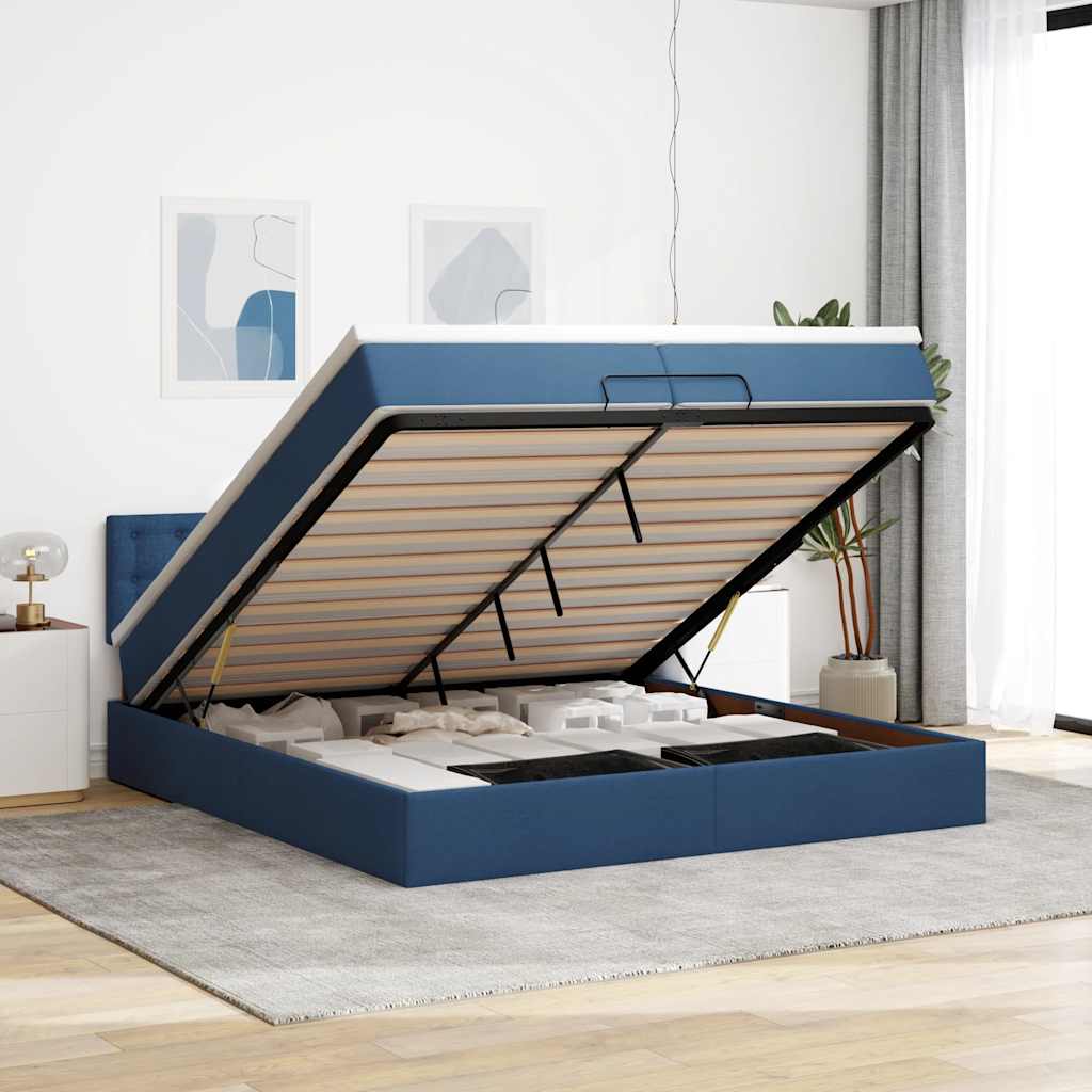 Struttura Letto Pouf con Materassi Blu 200x200 cm in Tessuto