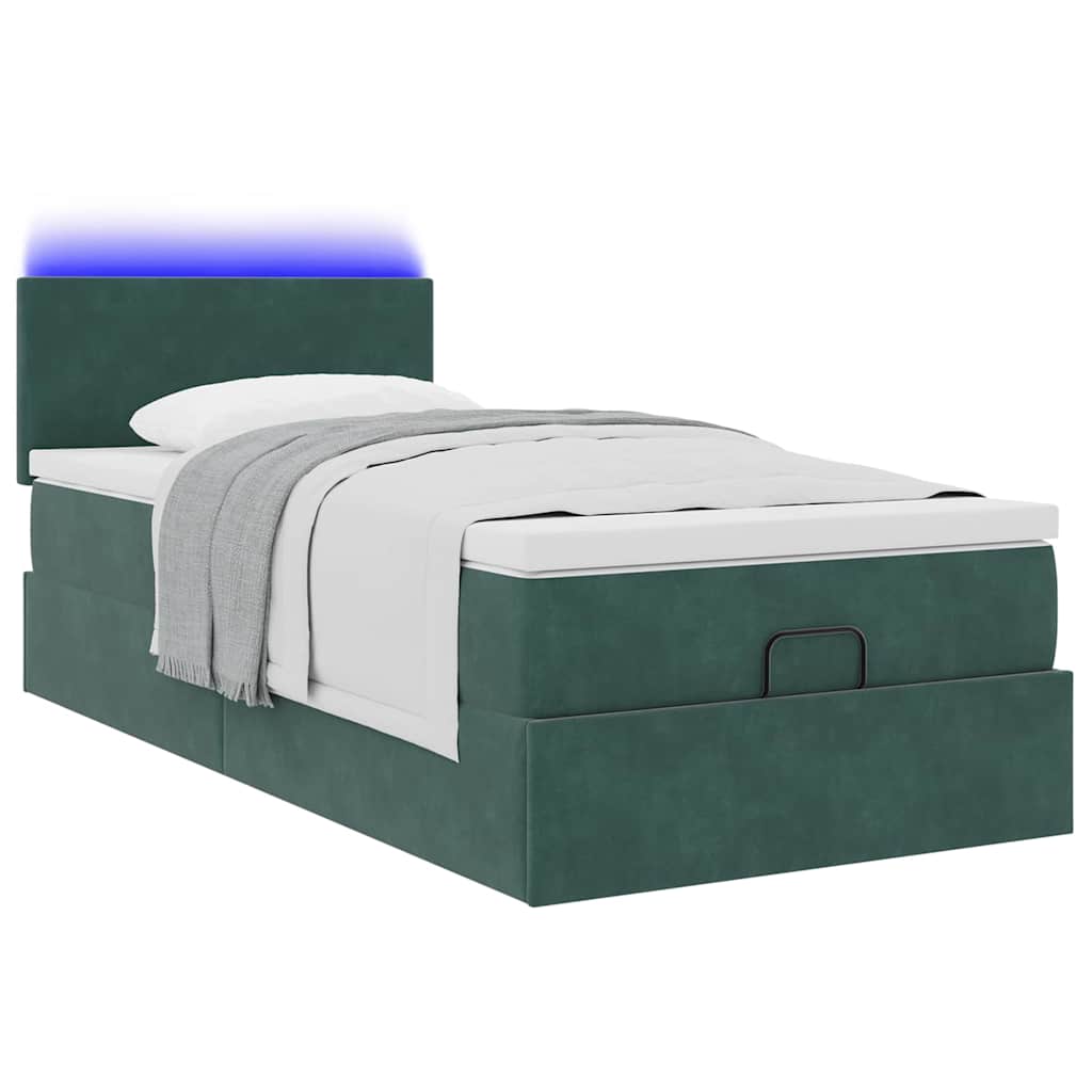 Pouf Letto con Materasso e LED Verde Scuro 80x200cm in Velluto