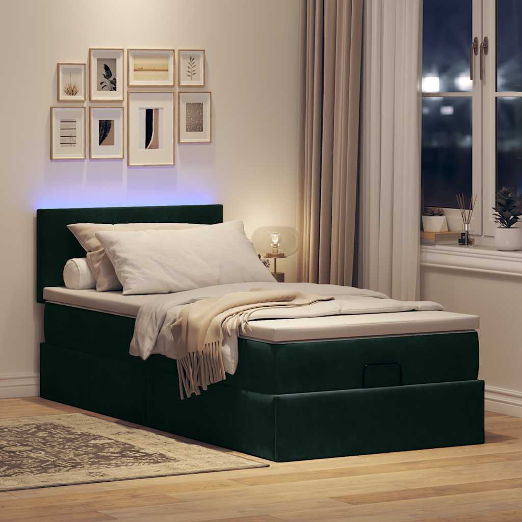 Pouf Letto con Materasso e LED Verde Scuro 90x200cm in Velluto