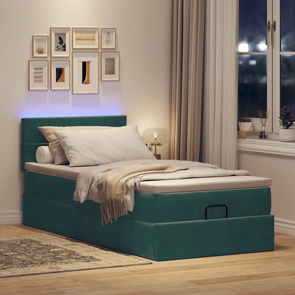 Pouf Letto con Materasso e LED Verde Scuro 80x200cm in Velluto