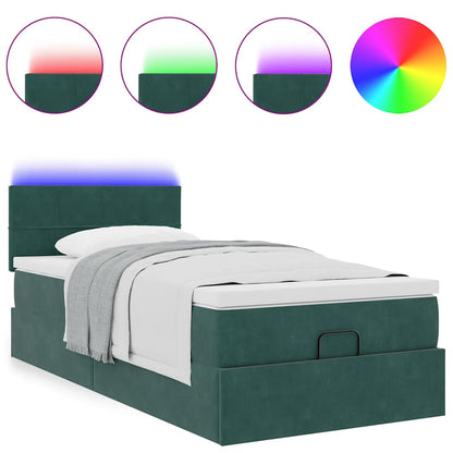 Pouf Letto con Materasso e LED Verde Scuro 80x200cm in Velluto