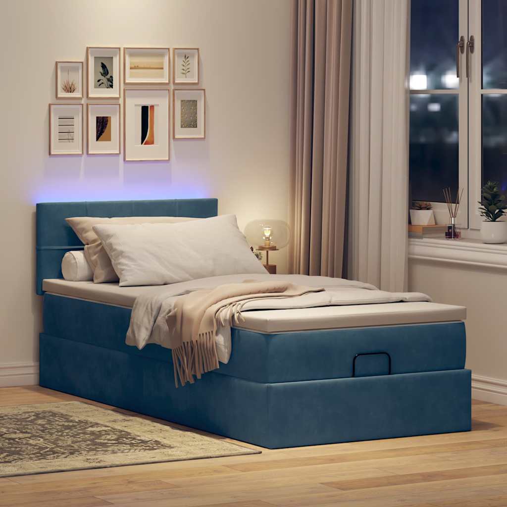 Pouf Letto con Materasso e LED Blu Scuro 80x200cm in Velluto